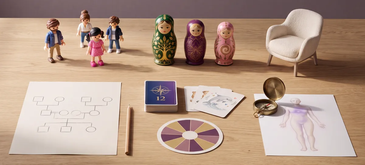 Masa de lucru a unei terapeute, cu instrumentele platformei ca obiecte: figurine și matrioșke pentru masa sistemică, un fotoliu gol, o genogramă desenată cu creionul, un pachet de carduri terapeutice lângă roata oglinzilor, o busolă de alamă și o foaie cu harta corpului.